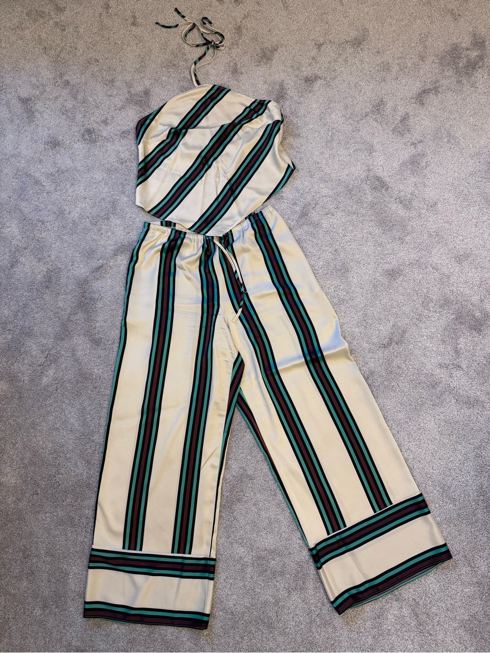 Topshop Satin Striped Halter Top & Wide Leg Pants 2 Piece Set US 10
